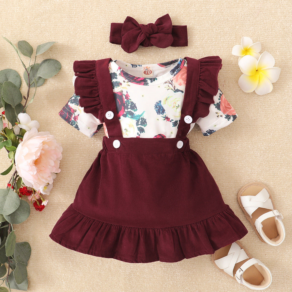 3-24months Baby Sets Girls Popular Flower Print Short-Sleeved Top & Solid Color Suspender Skirt & Hair Band Three-Piece Set - PrettyKid