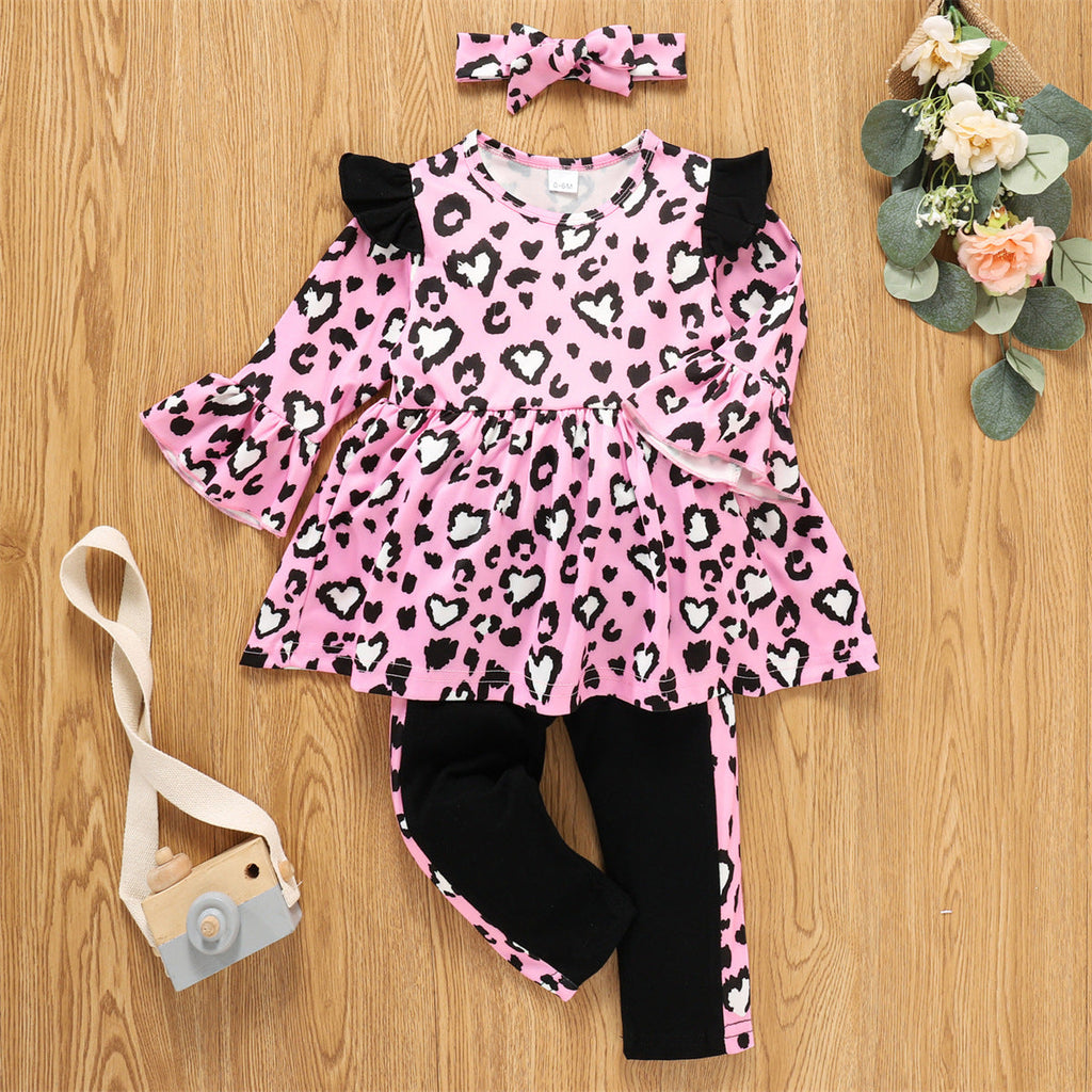 3-pieces Baby Girl Leopard Print Ruffled Long-sleeve Top Elasticized Pants and Headband Sets - PrettyKid