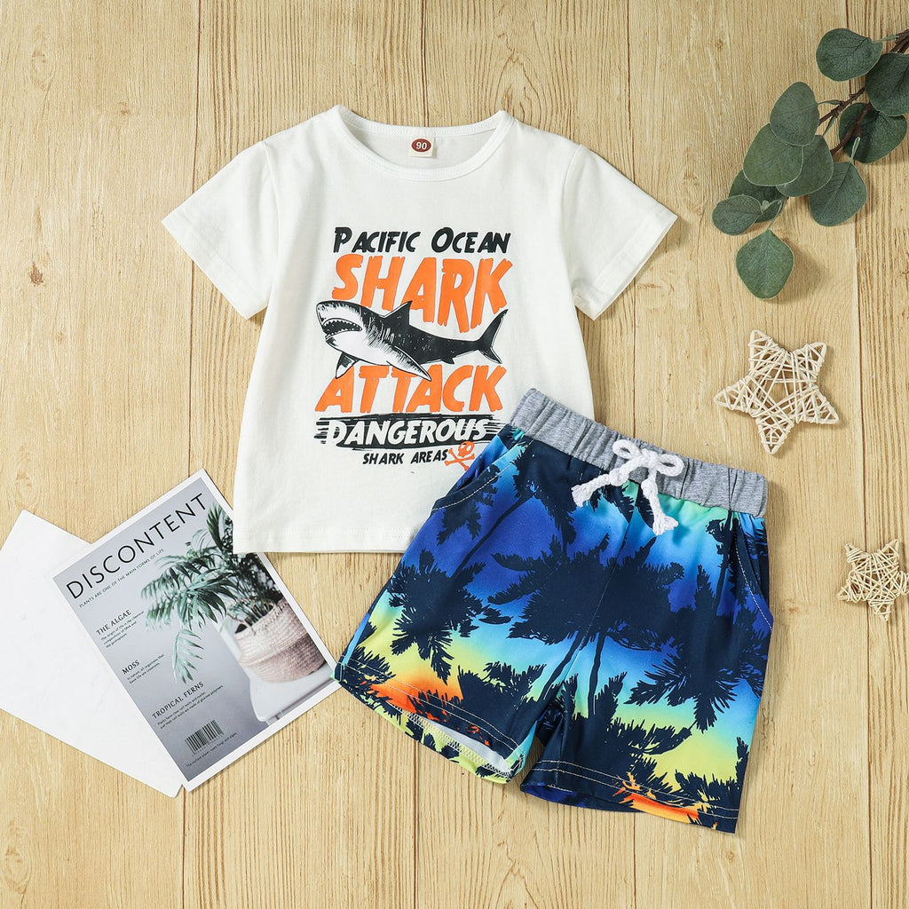 Boys And Girls Letter Printing T-Shirt Coconut Tree Lace-Up Waist Shorts Wholesale Toddler Clothing Sets - PrettyKid