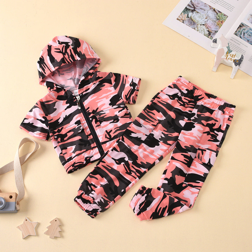 Camouflage Zipper Short-Sleeve Hoodie And Pants Wholesale Toddler Clothing - PrettyKid