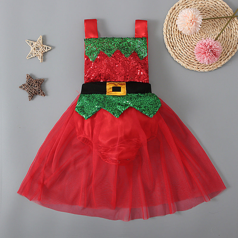 Christmas Sequins Mesh Suspender Bodysuits Wholesale Baby Clothing - PrettyKid