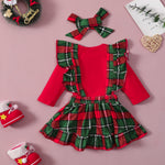 Christmas Letter Printed Romper And Plaid Suspender Skirt With Headband Baby Girl Outfit Sets - PrettyKid