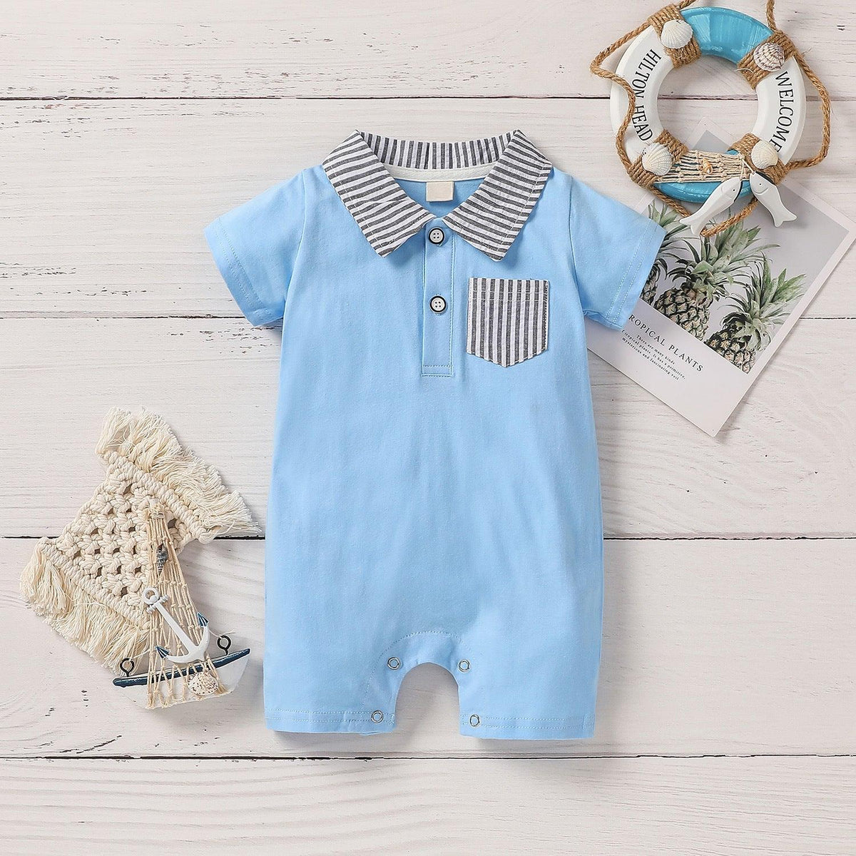 Baby Boy Lapel Collar Striped Pocket Baby Bodysuits Wholesale - PrettyKid