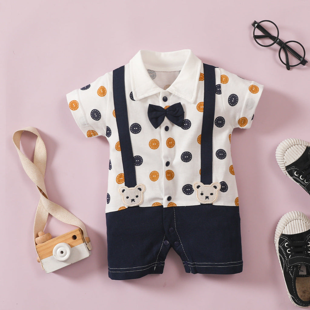 Colorful Polka Dot Bear Pattern With Bow Tie Baby Boy Romper Jumpsuit - PrettyKid