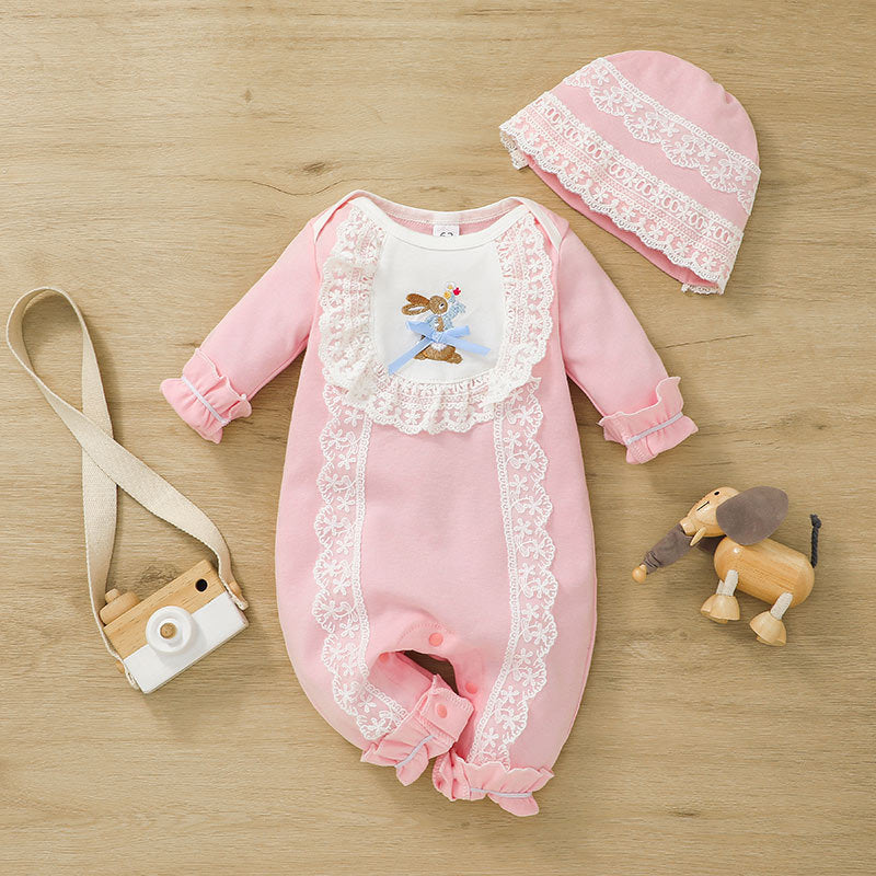 Bunny Pattern Lace Trim Baby Girl Jumpsuit Long Sleeve And Hat - PrettyKid