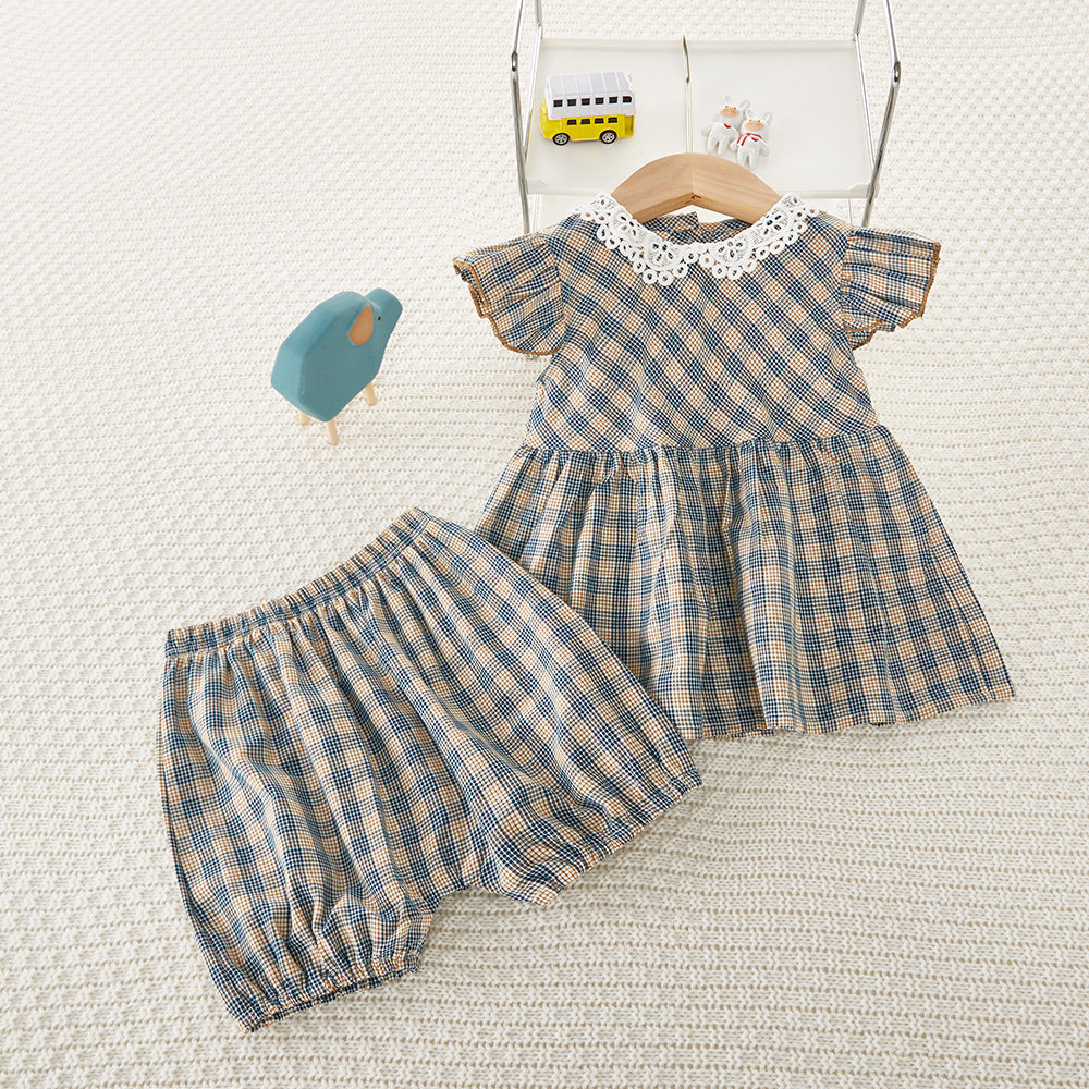 3-24M Plaid Little Flying Sleeves Doll Collar Sweet Shorts Set Wholesale Baby Clothes - PrettyKid