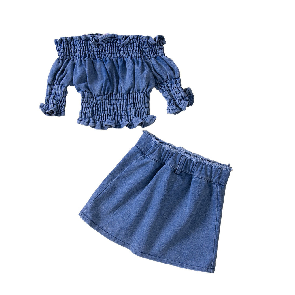 18M-6Y One-Shoulder Pleated Top Button-Up Frayed Skirt Denim Suit Cute Toddler Girl Clothes Wholesale - PrettyKid