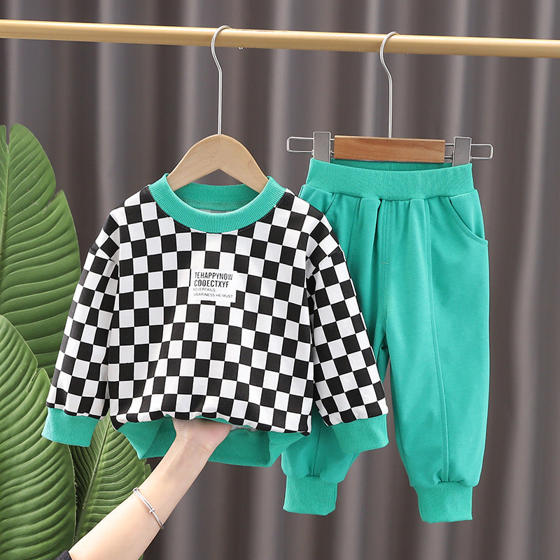 Check Print Crew Neck Long Sleeve Sweatshirt Cuffed Trousers Wholesale Baby Boy Sets - PrettyKid