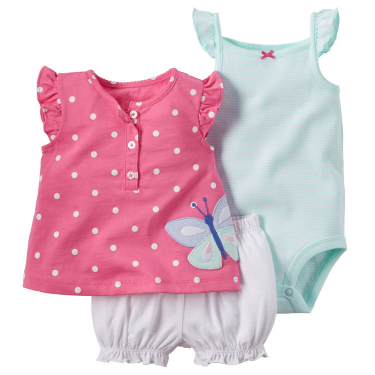 3 Pieces Flower Striped Cartoon Print Baby Girls Sets Shorts-Sleeve Top & Bodysuit & Shorts - PrettyKid