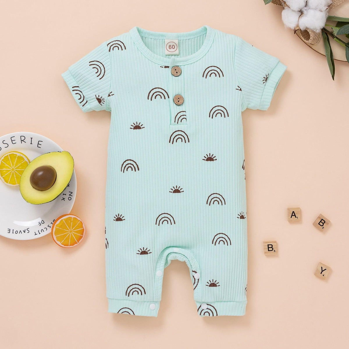 Baby Boy Short-Sleeved Rainbow-Print Ribbed Bodysuit Wholesale Baby Rompers - PrettyKid