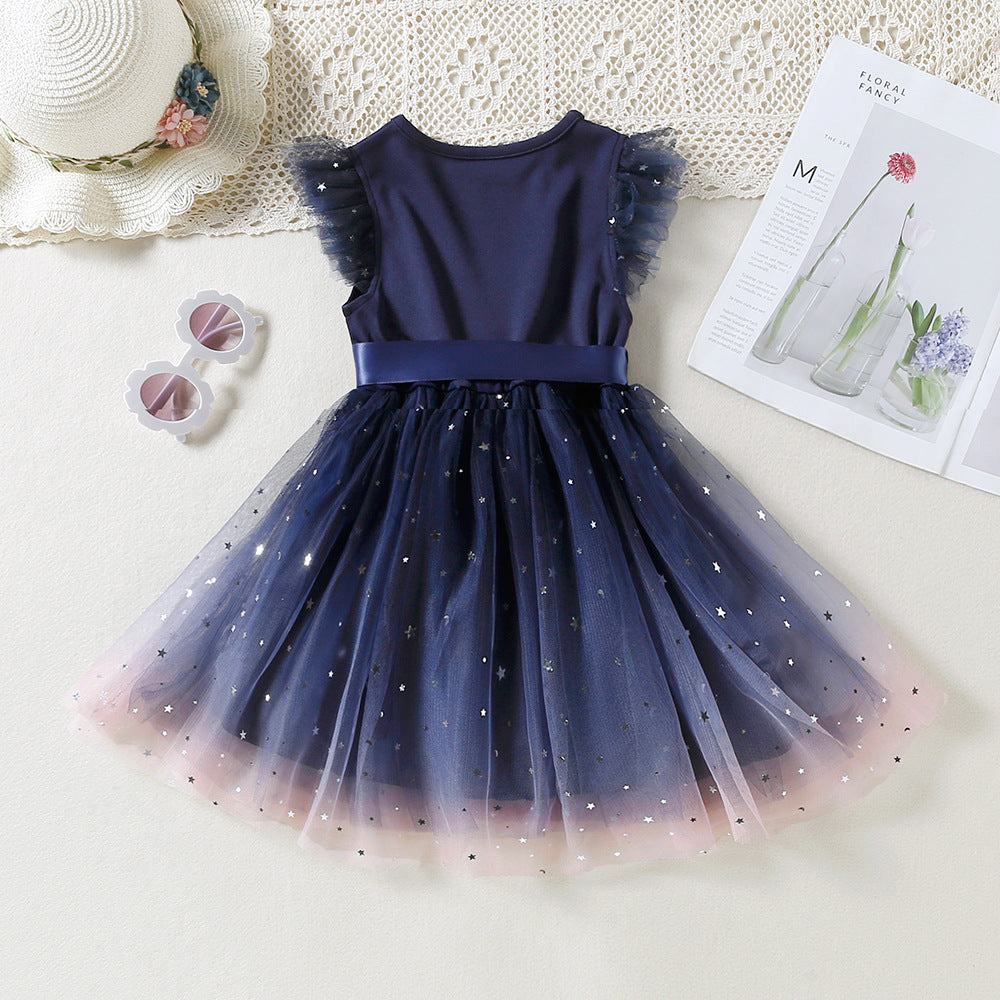 18M-6Y Girls Prom Dresses Mesh Stitching Fly Sleeve Bow Cute Toddler Girl Clothes Wholesale - PrettyKid