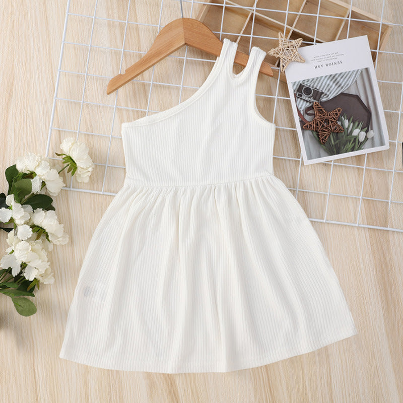 18M-6Y Toddler Girls White One-Shoulder Sling Ribbed Dresses Wholesale Girls Clothes - PrettyKid