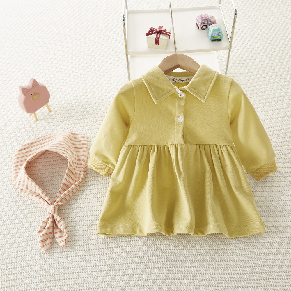 Baby Girl Lapel Collar Long Sleeve Solid Color Dress Baby Girl Dress Wholesale - PrettyKid