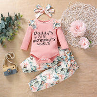 Baby Girl Letter Print Ribbed Bodysuit And Floral Trousers And Headband Baby Outfit Sets - PrettyKid