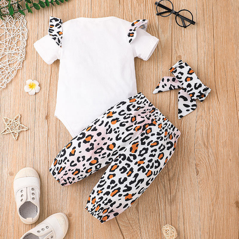 Baby Girl Letter Print Bodysuit And Leopard Print Trousers And Headband Baby Outfit Sets - PrettyKid