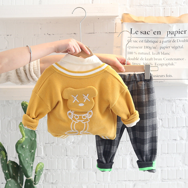Baby Boy Fake Two Bear Top And Plaid Trousers Cheap Baby Outfit Sets - PrettyKid