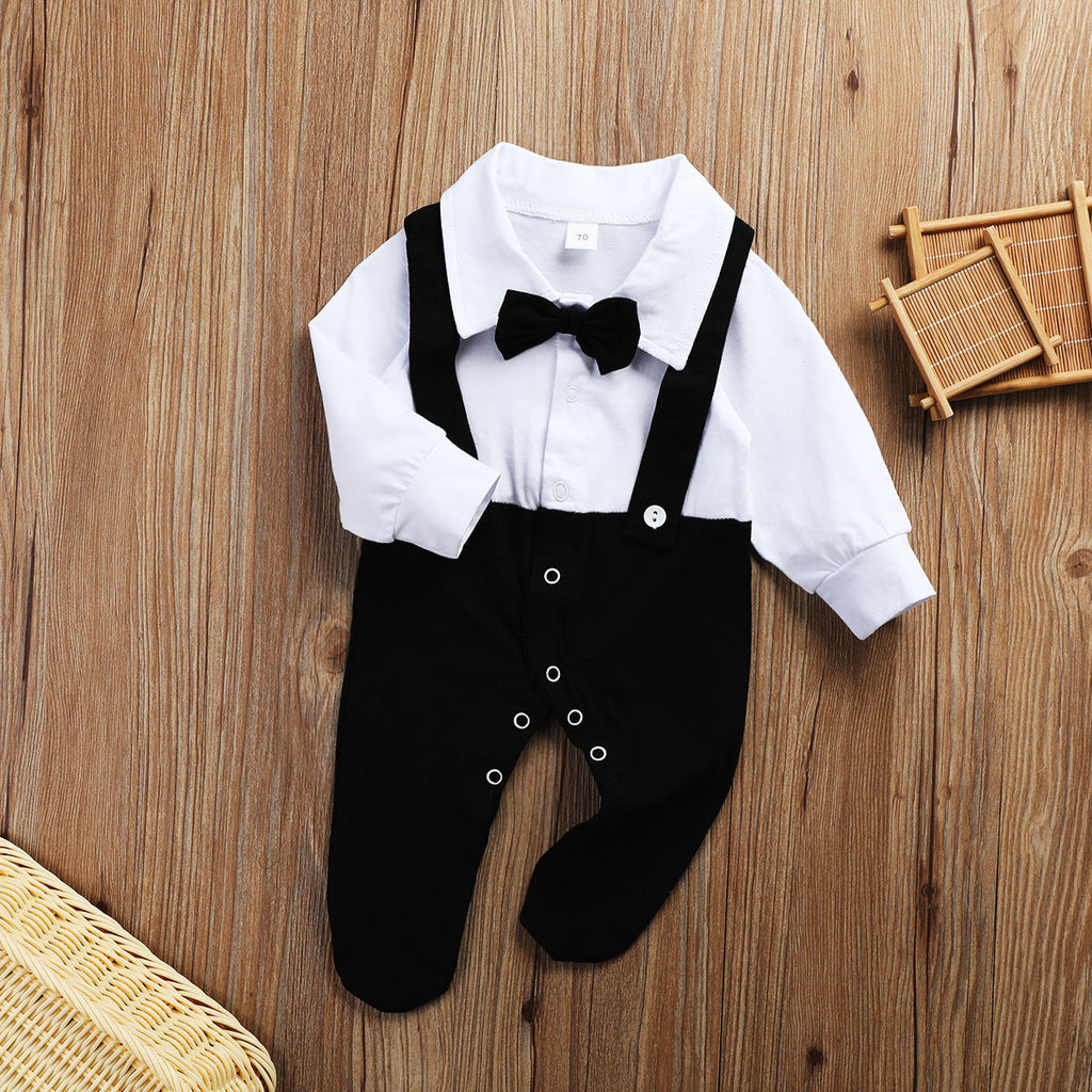 Colorblock Baby Boy Shirt Jumpsuit With Bow Tie - PrettyKid