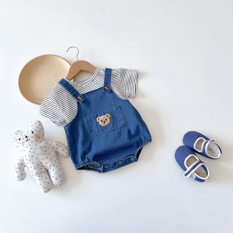 Baby Bear Denim Suspender Bodysuit & Striped Top - PrettyKid