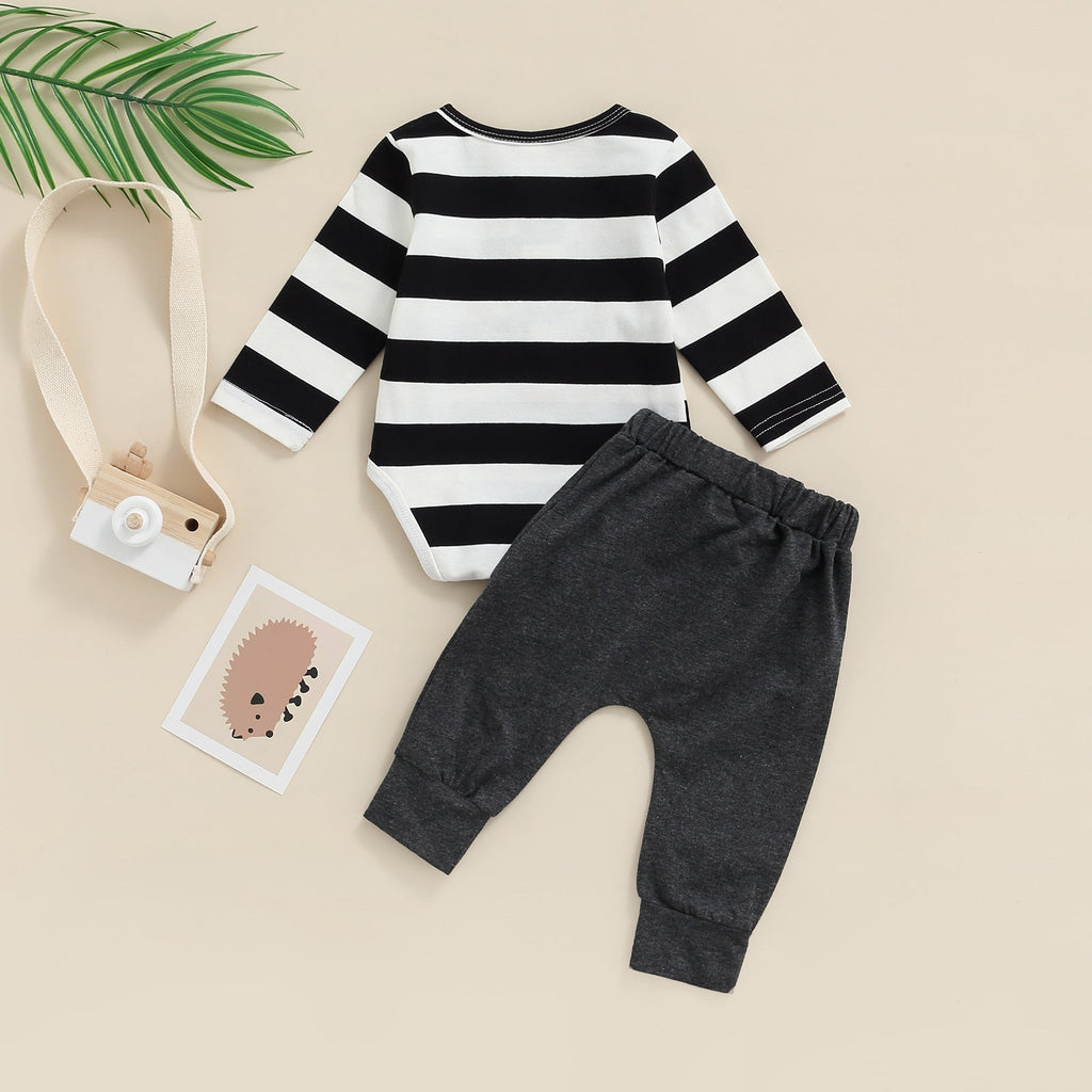 Baby Boys Black And White Stipe Bodysuit Ankle Banded Pants Wholesale Baby Clothing - PrettyKid