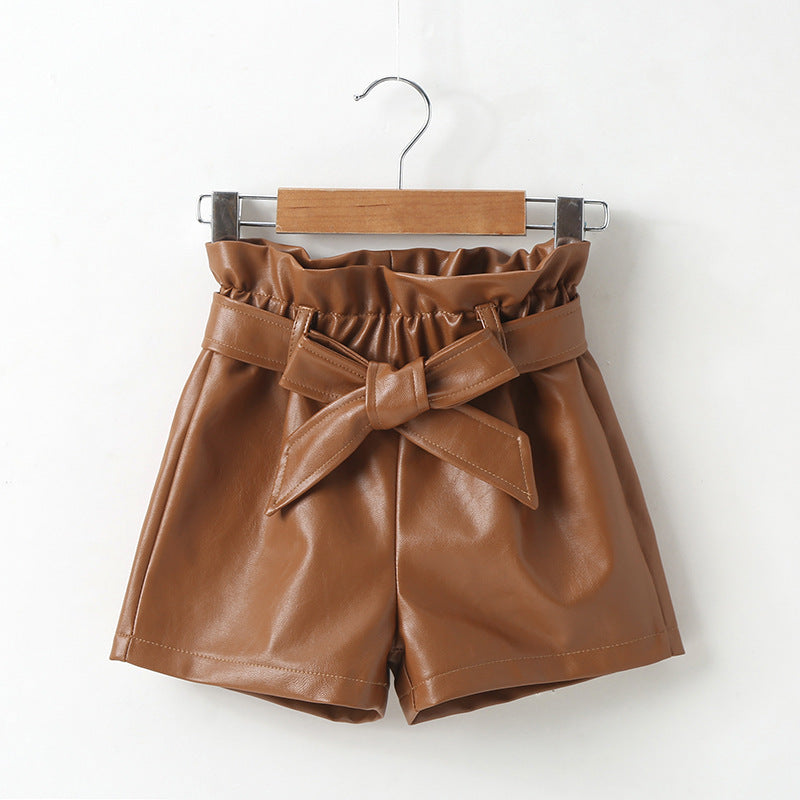 Bowknot Solid Color PU Leather Wholesale Toddler Girl Shorts - PrettyKid