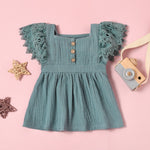 Baby Girl Plain Button Decor Flutter Sleeve Square Collar Wholesale Baby Dress - PrettyKid