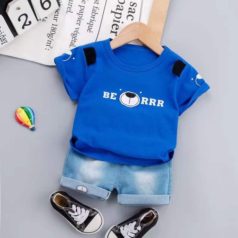 Baby Boy Bear Graphic T-Shirt And Denim Shorts Baby Boy Tracksuit Set - PrettyKid