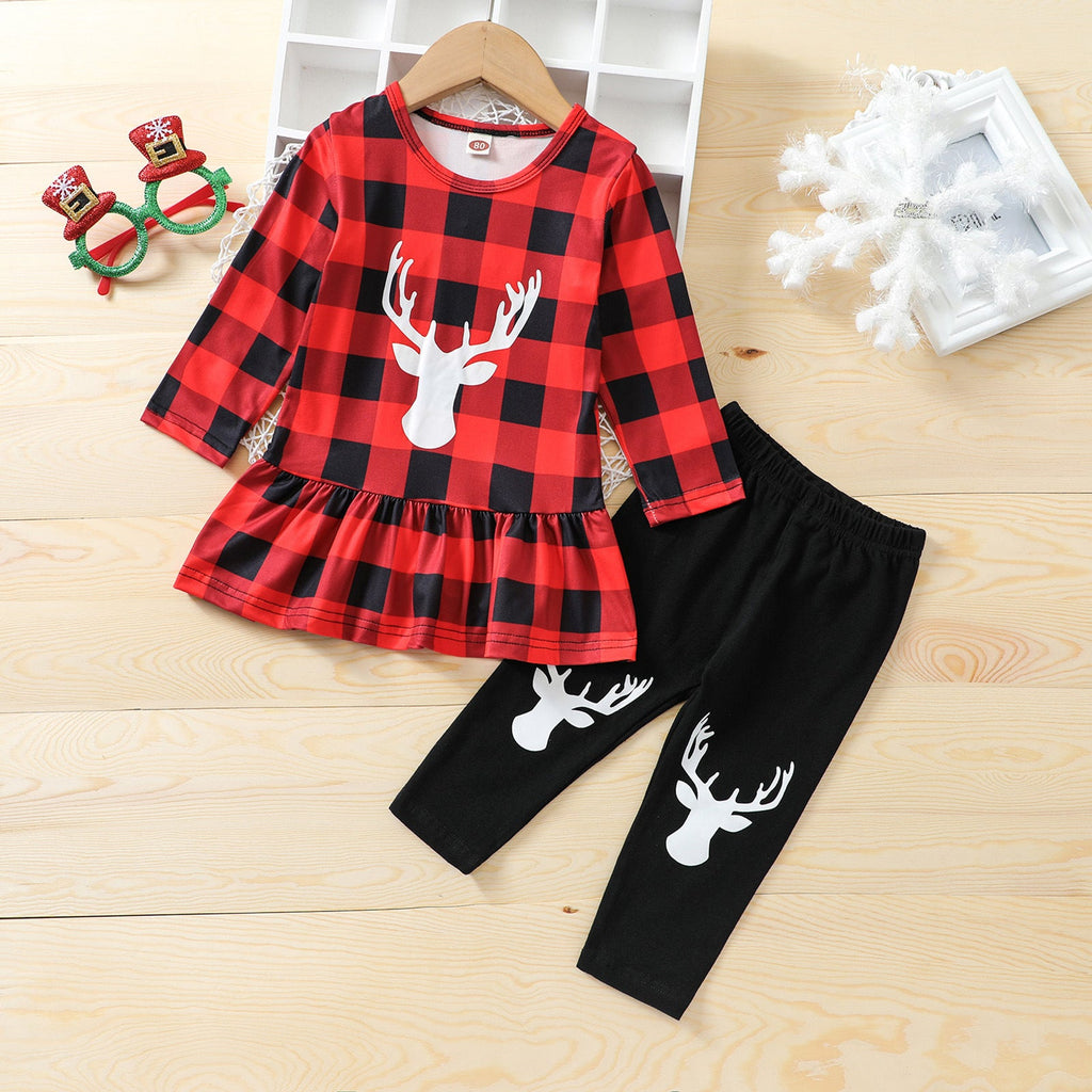 Christmas Deer Print Plaid Dress And Black Trousers And Headband Three Piece Baby Sets - PrettyKid