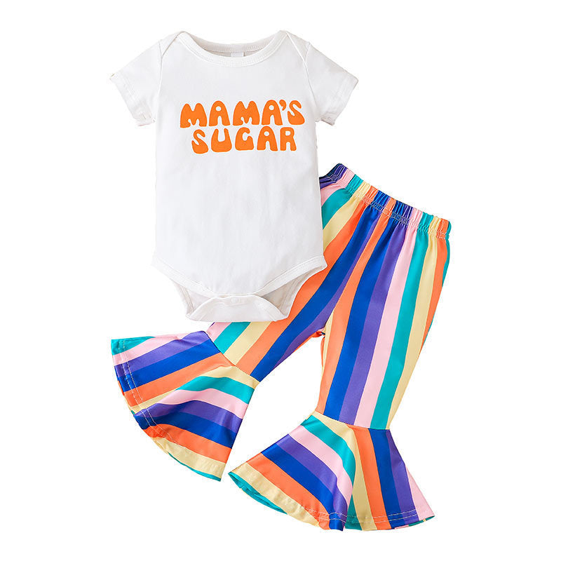 3-18M Baby Girls Sets Letter Bodysuit & Rainbow Striped Flared Pants Wholesale Baby Boutique Clothing - PrettyKid