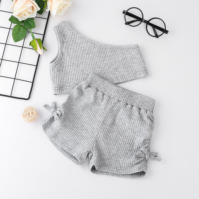 3-24M Ribbed Single Shoulder Solid Crop Top Drawstring Shorts Baby Girl Outfit Sets Wholesale Baby Clothes - PrettyKid