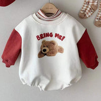 Baby Bodysuit Contrast Sleeve Hello Teddy Letter Print Pullover Wholesale Baby Onesies - PrettyKid