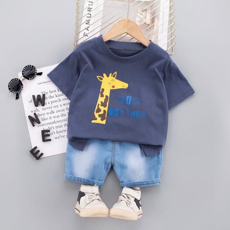 Baby Boy Giraffe Print T-Shirt And Denim Shorts Baby Boy Shorts Set - PrettyKid