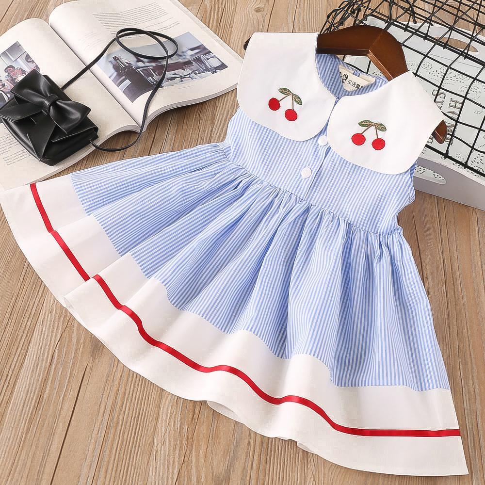 Girls Lapel Striped Dress Sleeveless Cherry Embroidered Princess Dress - PrettyKid