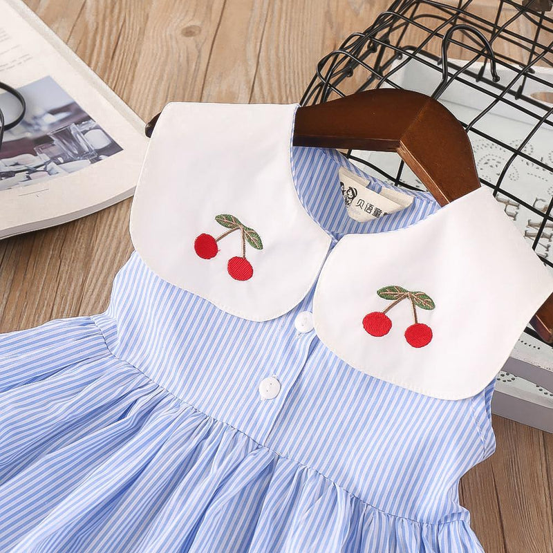 Girls Lapel Striped Dress Sleeveless Cherry Embroidered Princess Dress - PrettyKid