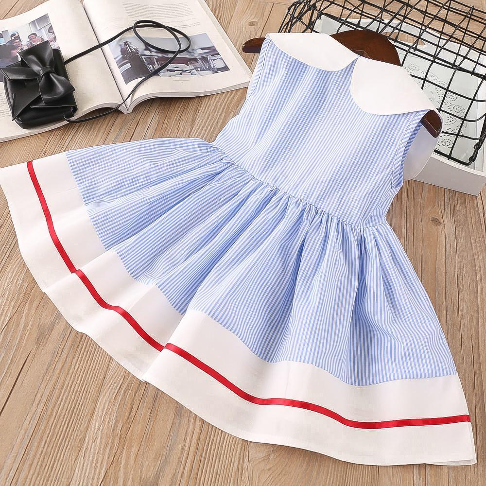 Girls Lapel Striped Dress Sleeveless Cherry Embroidered Princess Dress - PrettyKid