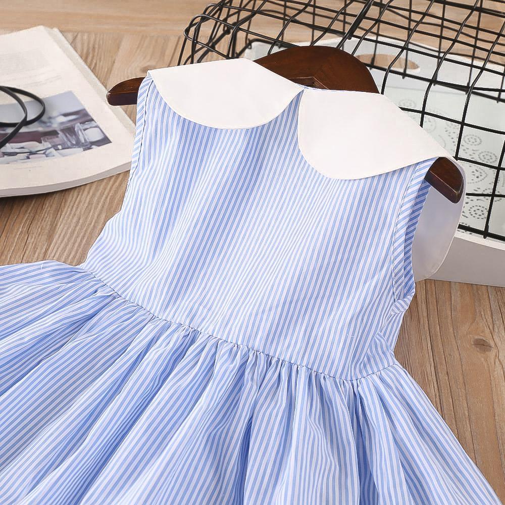 Girls Lapel Striped Dress Sleeveless Cherry Embroidered Princess Dress - PrettyKid