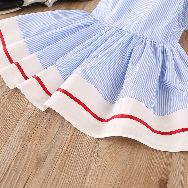 Girls Lapel Striped Dress Sleeveless Cherry Embroidered Princess Dress - PrettyKid
