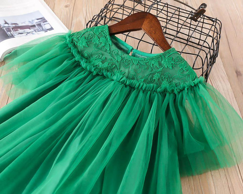 Girls Lace Flower Embroidery Dress Loose Mesh Princess Dress - PrettyKid