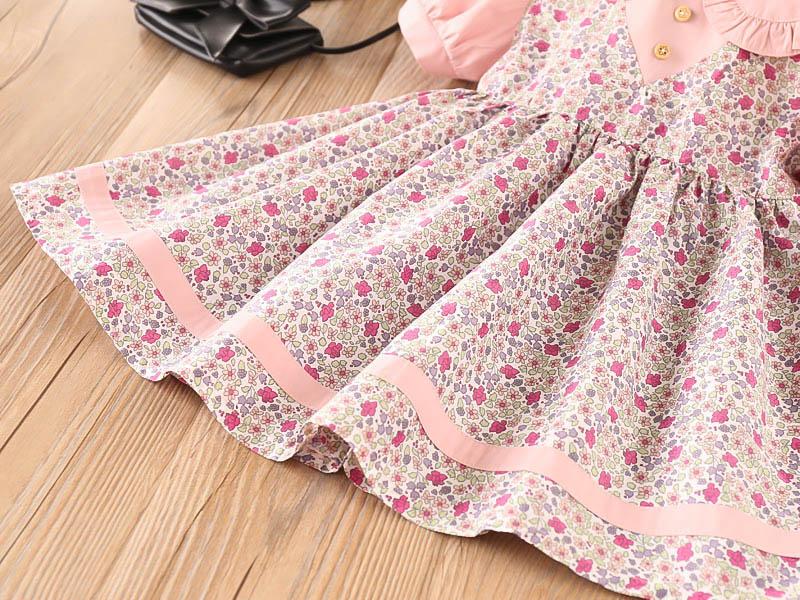 Girls Short Sleeve Floral Lapel Dress Princess Dress - PrettyKid