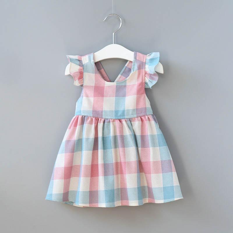 Fashionable Girls Strap Plaid Fly Sleeve Princess Dress - PrettyKid