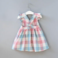 Fashionable Girls Strap Plaid Fly Sleeve Princess Dress - PrettyKid