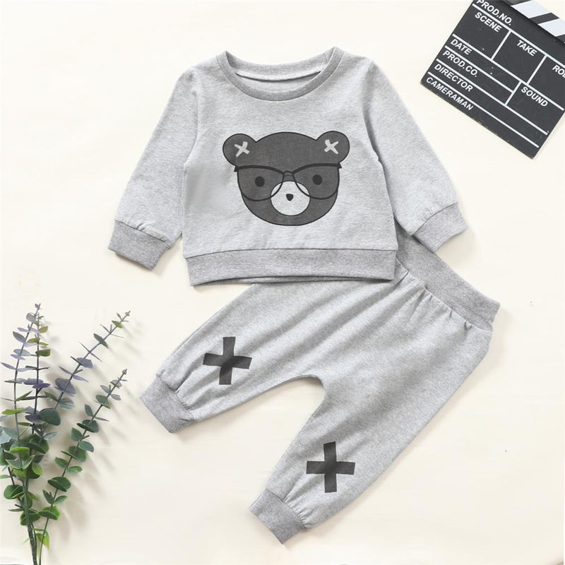 Baby Boy Animal Bear Printed Long Sleeve Top & Pants Baby Boutique Clothing Wholesale - PrettyKid