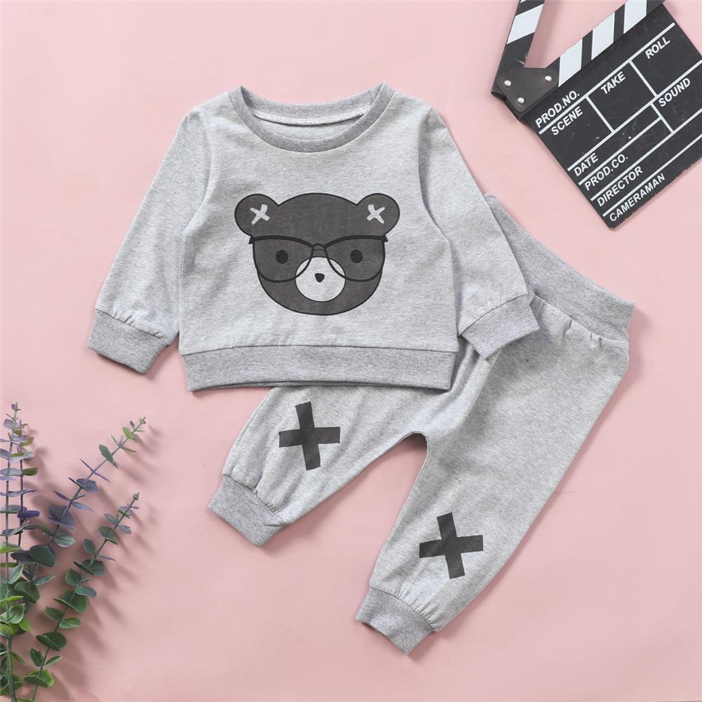 Baby Boy Animal Bear Printed Long Sleeve Top & Pants Baby Boutique Clothing Wholesale - PrettyKid