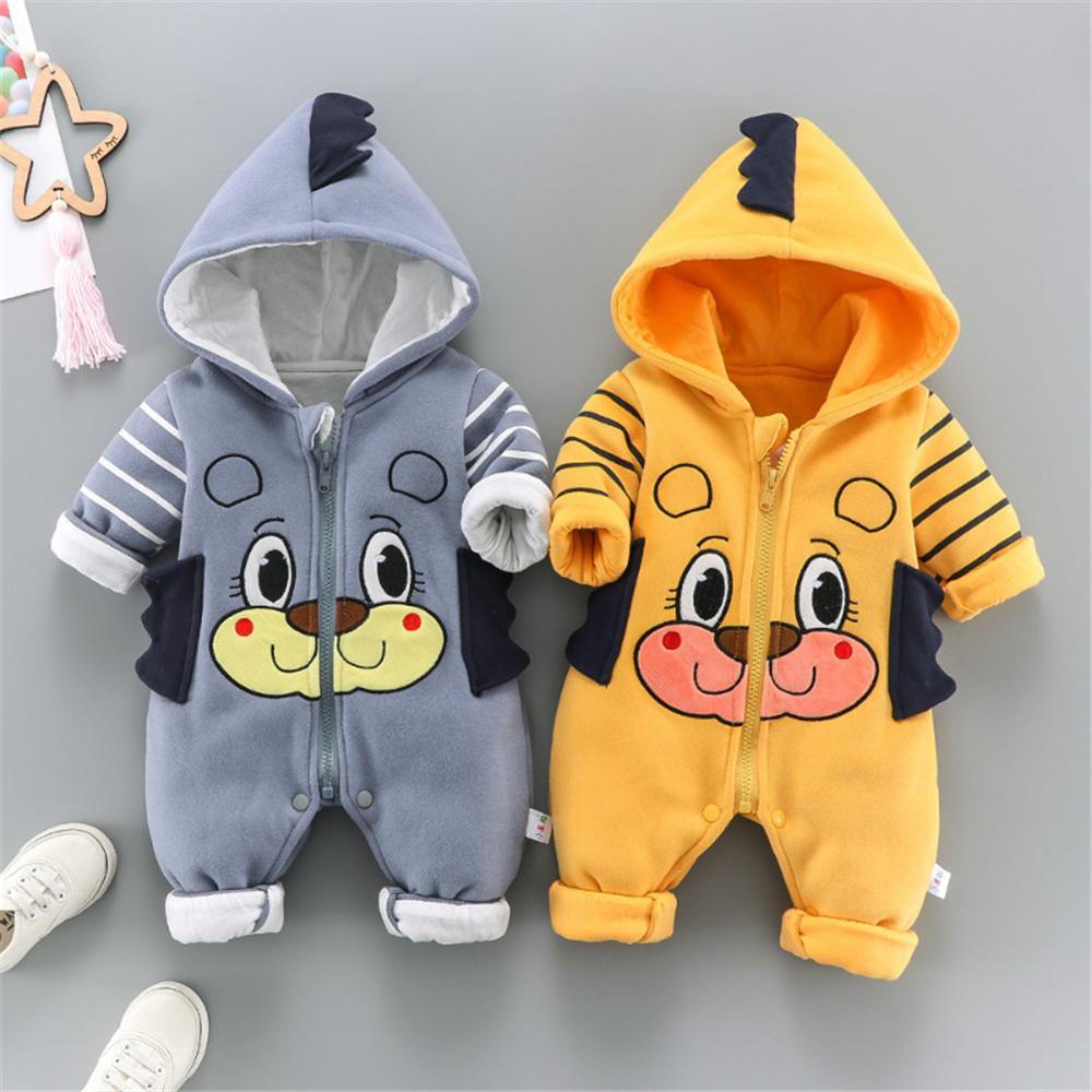 Baby Boys Animal Cartoon Striped Hooded Long Sleeve Romper Baby Wholesale - PrettyKid