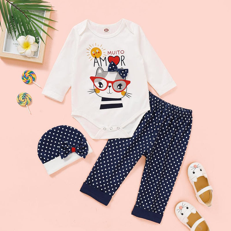 Baby Girls Animal Letter Printed Long Sleeve Romper & Pants & Hat Baby Clothes Cheap Wholesale - PrettyKid