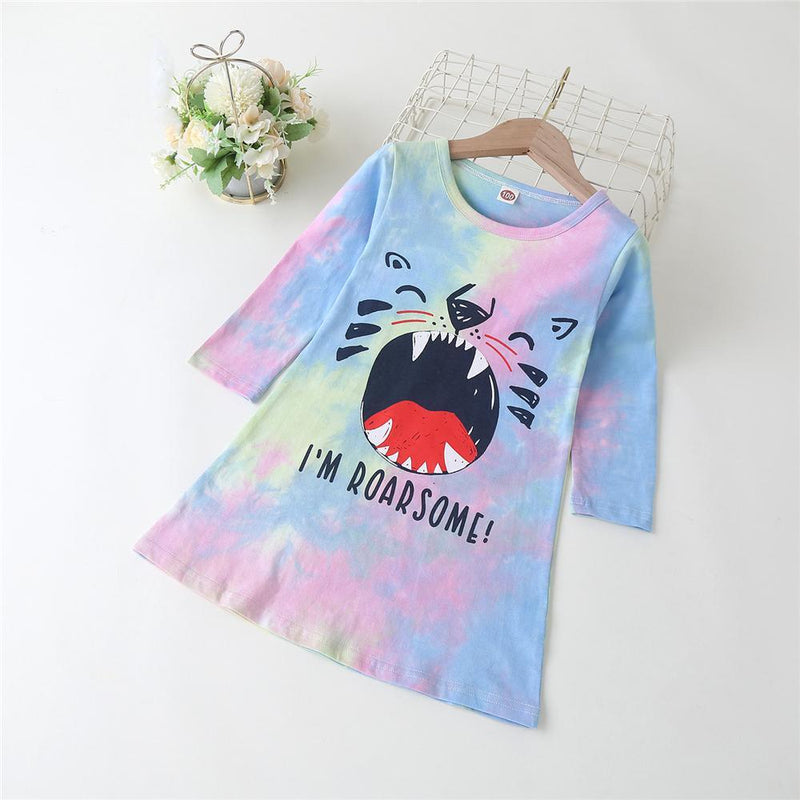 Girls Animal Long Sleeve Tie Dye Crew Neck Dress Wholesale Girl Clothing - PrettyKid