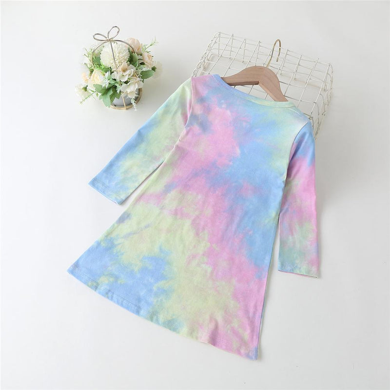Girls Animal Long Sleeve Tie Dye Crew Neck Dress Wholesale Girl Clothing - PrettyKid