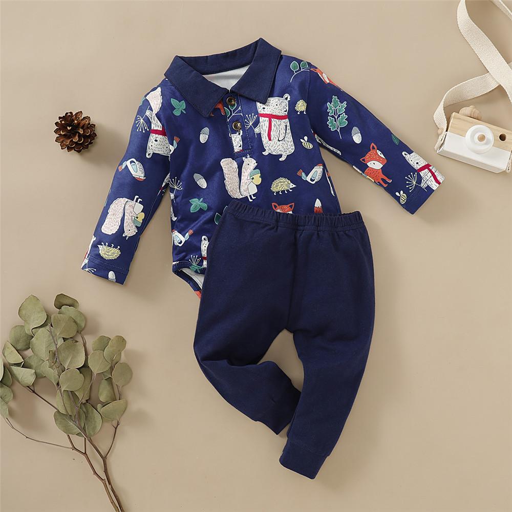 Baby Boys Animal Printed Lapel Long Sleeve Romper & Pants - PrettyKid