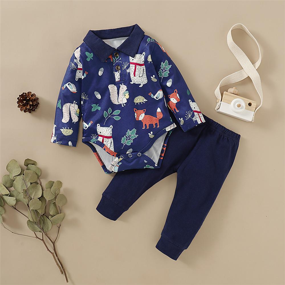 Baby Boys Animal Printed Lapel Long Sleeve Romper & Pants - PrettyKid