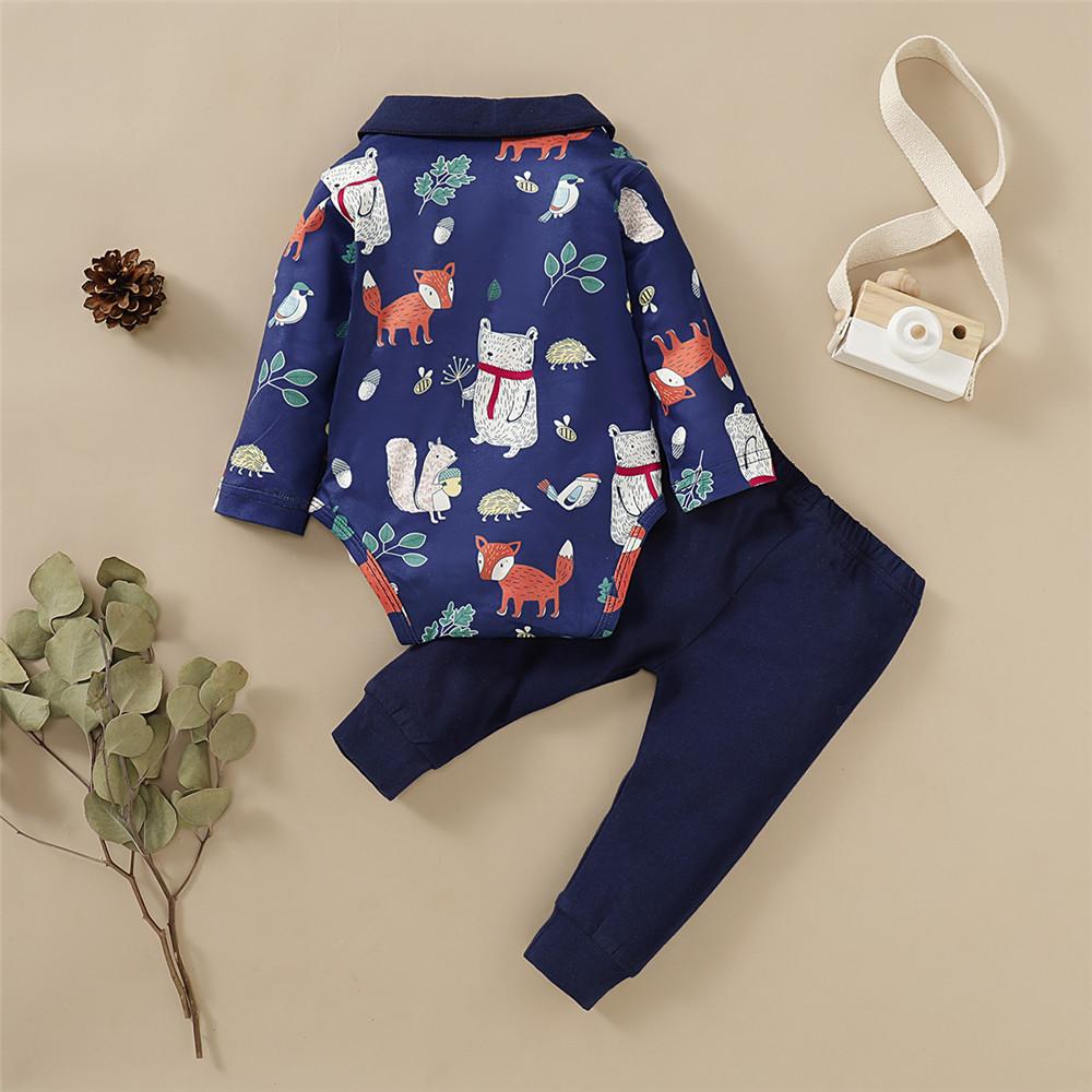 Baby Boys Animal Printed Lapel Long Sleeve Romper & Pants - PrettyKid