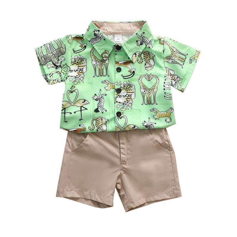 Boys Animal Printed Lapel Short Sleeve Top & Shorts Boy Summer Outfits - PrettyKid